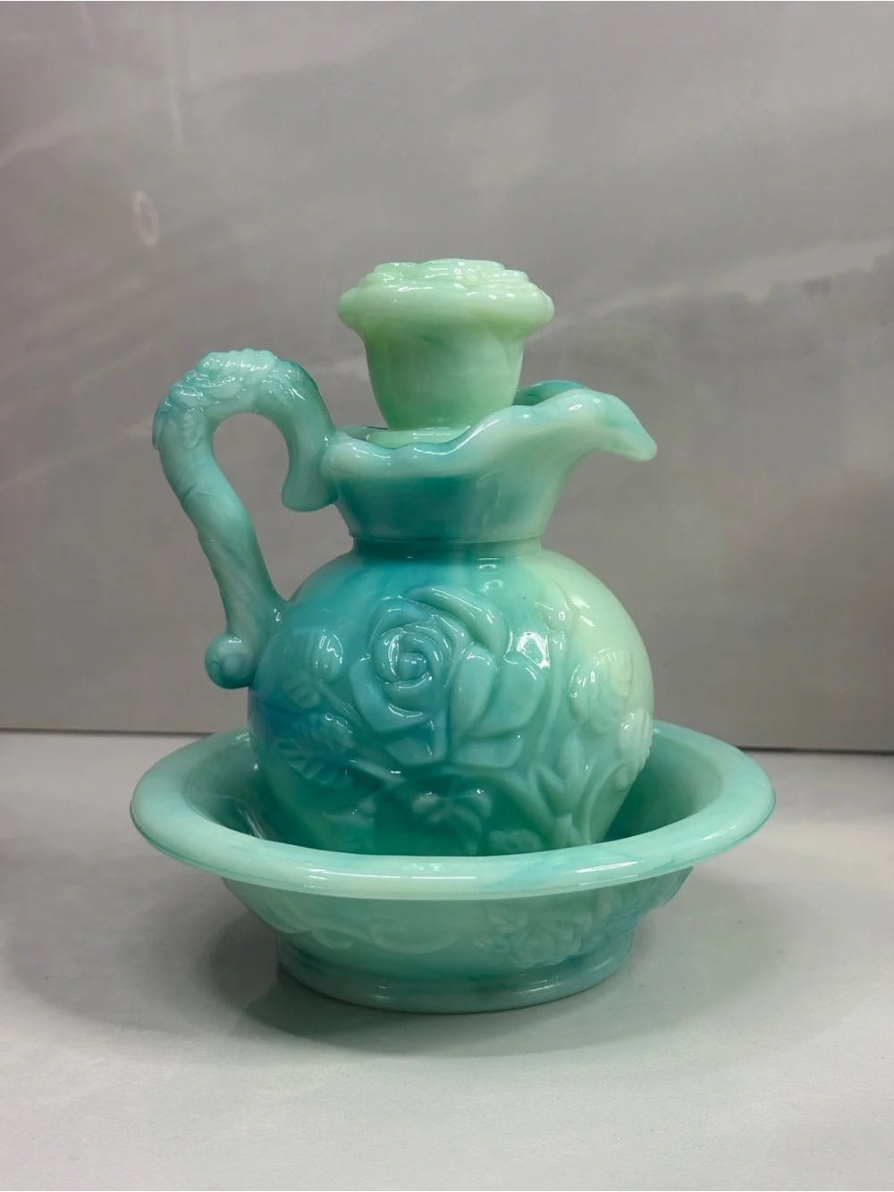 Vintage 1971 Avon Victoriana Skin So Soft Jadeite Slag Glass Pitcher & Bowl Set